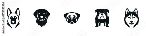 Dog breeds head icons set. Pedigree pets vector silhouettes including Husky, Pug, Bulldog and Retriever. Vector Illustration.	
