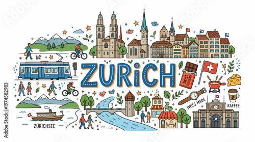 Zurich Cityscape Illustration: Landmarks, Lifestyle, Swiss Culture