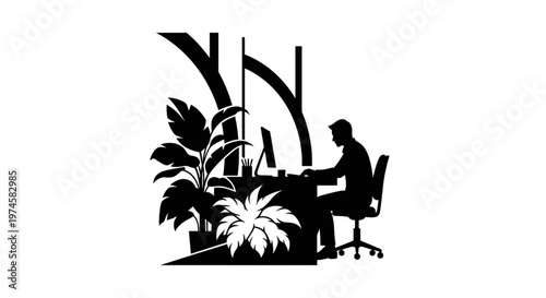 Silhouette of a person diligently working at a desk, surrounded by lush indoor plants, creating a harmonious and productive green workspace