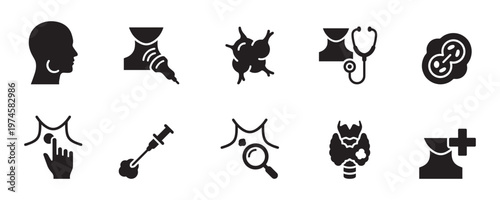 Thyroid gland medical icons set. Endocrinology, ultrasound and biopsy diagnostic vector silhouettes. Vector Illustration.	

