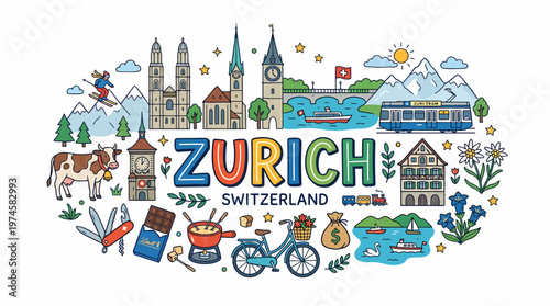 Zurich Switzerland City Landmarks and Icons Vector Illustration