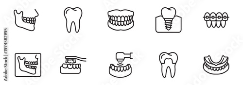Dental care and stomatology thin line icon set. Tooth health and hygiene symbols. Vector Illustration.	