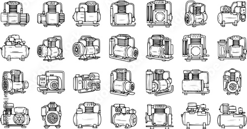 Industrial Air Compressors Black and White Line Art Set for Workshop, Construction, and Automotive Pneumatic Equipment Collection