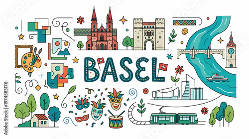 Basel Cityscape Doodle Art with Landmarks and Symbols