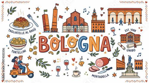 Bologna Italy Landmark Illustration with Food and Culture