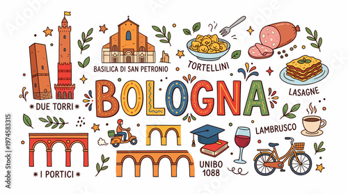 Bologna Italy Cityscape with Landmarks and Food - Illustration