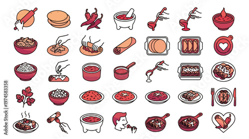 Enchilada Recipe Icon Set in Linear Style. A collection of Mexican cooking icons, including tortilla, chili, salsa, baking dish, cilantro, and more. Editable Stroke, food, spicy, cooking.