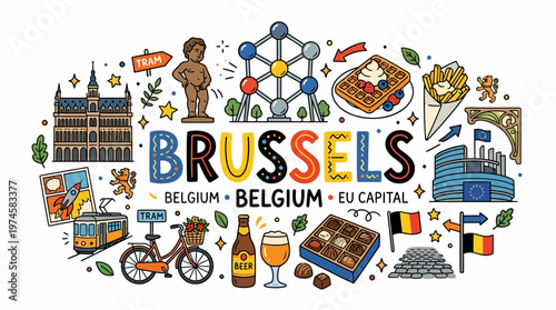 Brussels Cityscape Doodle Art - Belgium EU Capital Attractions