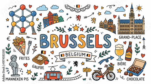 Brussels Travel Doodle Art - Belgium Landmarks & Icons