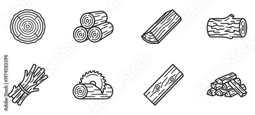 Wood, Lumber, Firewood and Timber Industry Vector Icons Set. Vector Illustration.