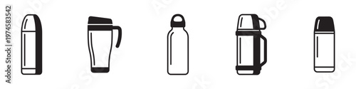 Set of reusable water bottles, thermos flasks, and travel mugs icons. Vector Illustration.	