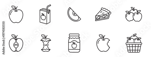 Apple fruit icons set including juice, pie, jam, and whole apples. Vector Illustration.	
