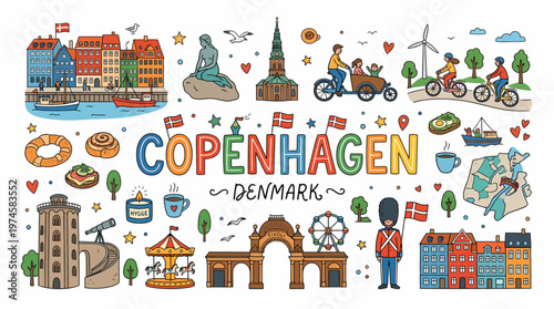 Copenhagen Denmark Doodle Collage - Travel Icons and Landmarks