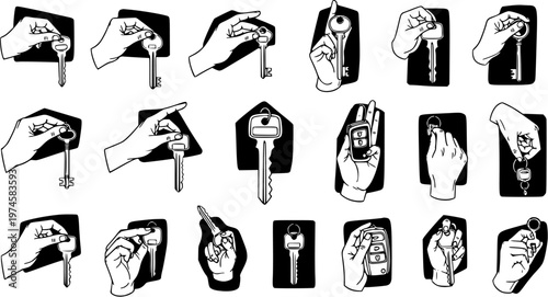 Black  White Line Art Vector Illustration: Hands Holding House Keys, Car Keys, and Remote Fobs for Security, Real Estate, and Automotive Concepts.