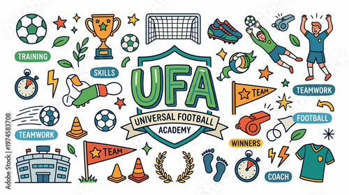 Football Academy Doodle Elements - Soccer Training, Teamwork, Skills