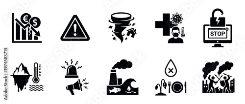 Global crisis and disaster icons set covering climate, health, and economy. Vector Illustration.	
