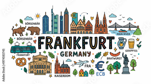 Frankfurt Germany Skyline Illustration with Landmarks