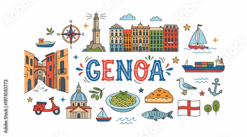 Genoa Cityscape Collage - Italy Travel Landmark Illustration