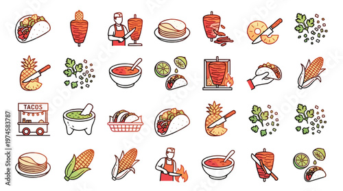 Tacos Al Pastor Icons in Linear Style. A collection of food linear icons including taco, trompo, meat, pineapple, tortilla, salsa, lime, guacamole, corn, chef, cart