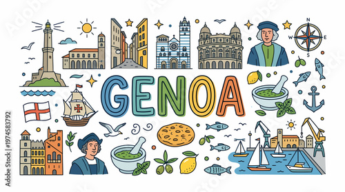 Genoa Italy Cityscape Landmark Doodle Art Vector Illustration