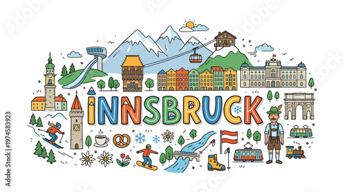 Innsbruck Austria Cityscape Doodle Art with Mountains and Skiing