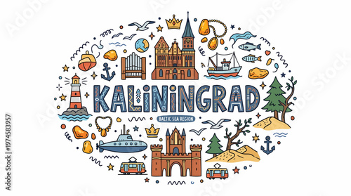 Kaliningrad Cityscape Doodle Art | Travel Landmark Icons
