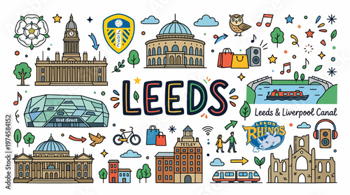 Leeds City Landmarks Doodle Art - UK Travel Vector Illustration