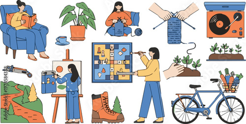 People engage in various leisure activities at home and outdoors with hobbies and objects.