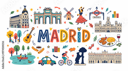 Madrid Cityscape: Landmarks, Culture, and Lifestyle Vector Art