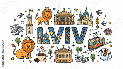 Lviv Cityscape Illustration with Icons and Landmarks