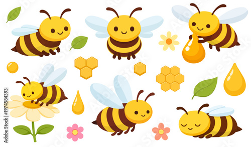 Cute Bee Set Honey Insects Flying Bees Collection Honeycomb Flowers Spring Nature Concept