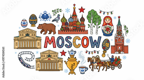 Moscow Russia Travel Icons Collage - Kremlin, Matryoshka, Samovar
