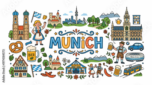 Munich Cityscape Illustration: Landmarks, Culture, and Oktoberfest