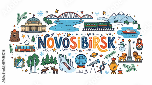 Novosibirsk Cityscape Illustration: Landmarks, Nature, Culture