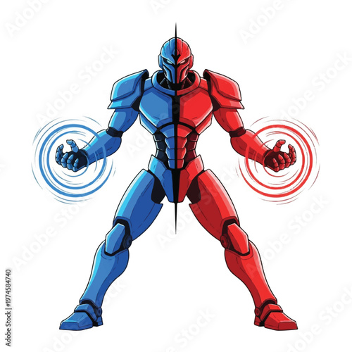 Robot superhero in blue red armor.