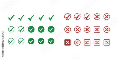 Green Check Mark and Red Cross Icon Set for Success and Failure
