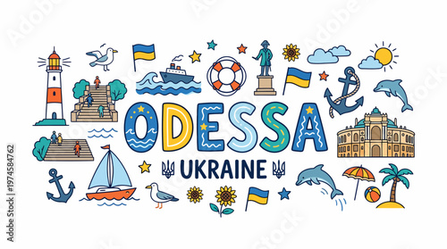 Odessa Ukraine Cityscape with Landmarks and Symbols