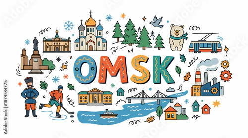 Omsk City Landmark Collage with Icons and Symbols
