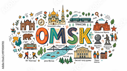 Omsk City Landmarks and Symbols - Russian Travel Illustration