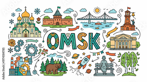 Omsk City Landmarks Doodle - Russia Travel and Culture
