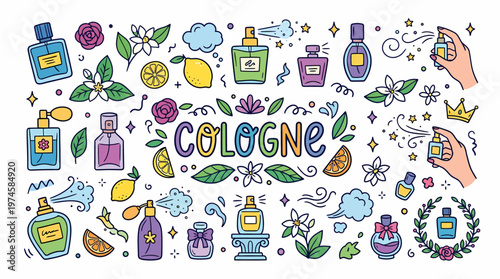 Perfume Bottles and Fragrance Elements Doodle Art