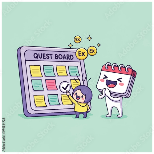 Smiling cartoon character calendar standing next to quest board.