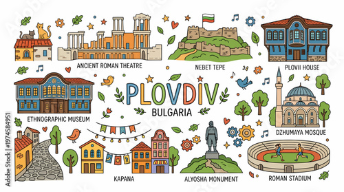 Plovdiv Bulgaria Landmarks Collage - Cityscape Illustration