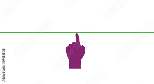 A solid purple, stylized human hand with an extended index finger points directly upwards towards a thin green horizontal line on a clean white background.