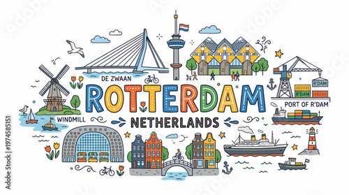 Rotterdam Netherlands Cityscape Illustration - Landmarks & Icons