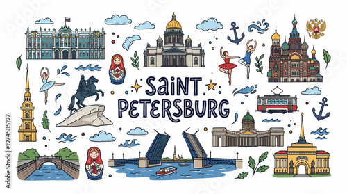 Saint Petersburg landmarks, icons, and symbols, illustration