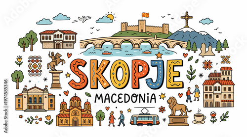 Skopje Macedonia Cityscape Doodle Art