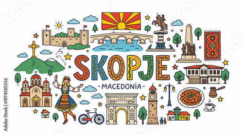 Skopje Macedonia Landmark Collage - Hand Drawn Style