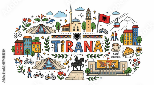 Tirana Albania Landmark Doodle Art Cityscape Illustration