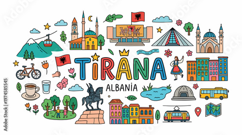Tirana Albania Doodle Art - City Landmarks & Culture